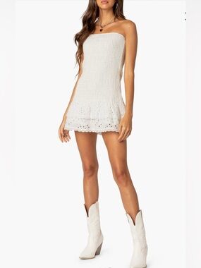 Edikted Strapless White Eyelet Ruffle Mini Dress